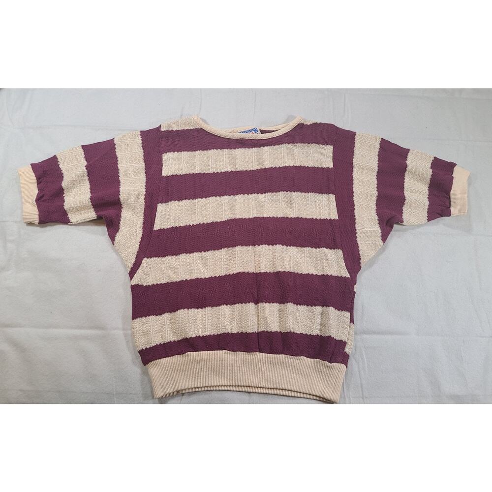Vintage 1960s Striped Knit Short Dolman Sleeve Sweater Women Small Purple Ivory